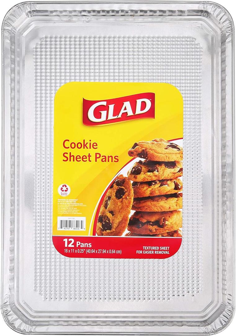 Glad Disposable Bakeware Aluminum Rectangular Cookie Sheets for Baking and Roasting, 12 Count-16" x 11" x 0.25" - Textured, Made from Aluminum - Baking Sheets, Baking Pans, Foil Cookie Sheet