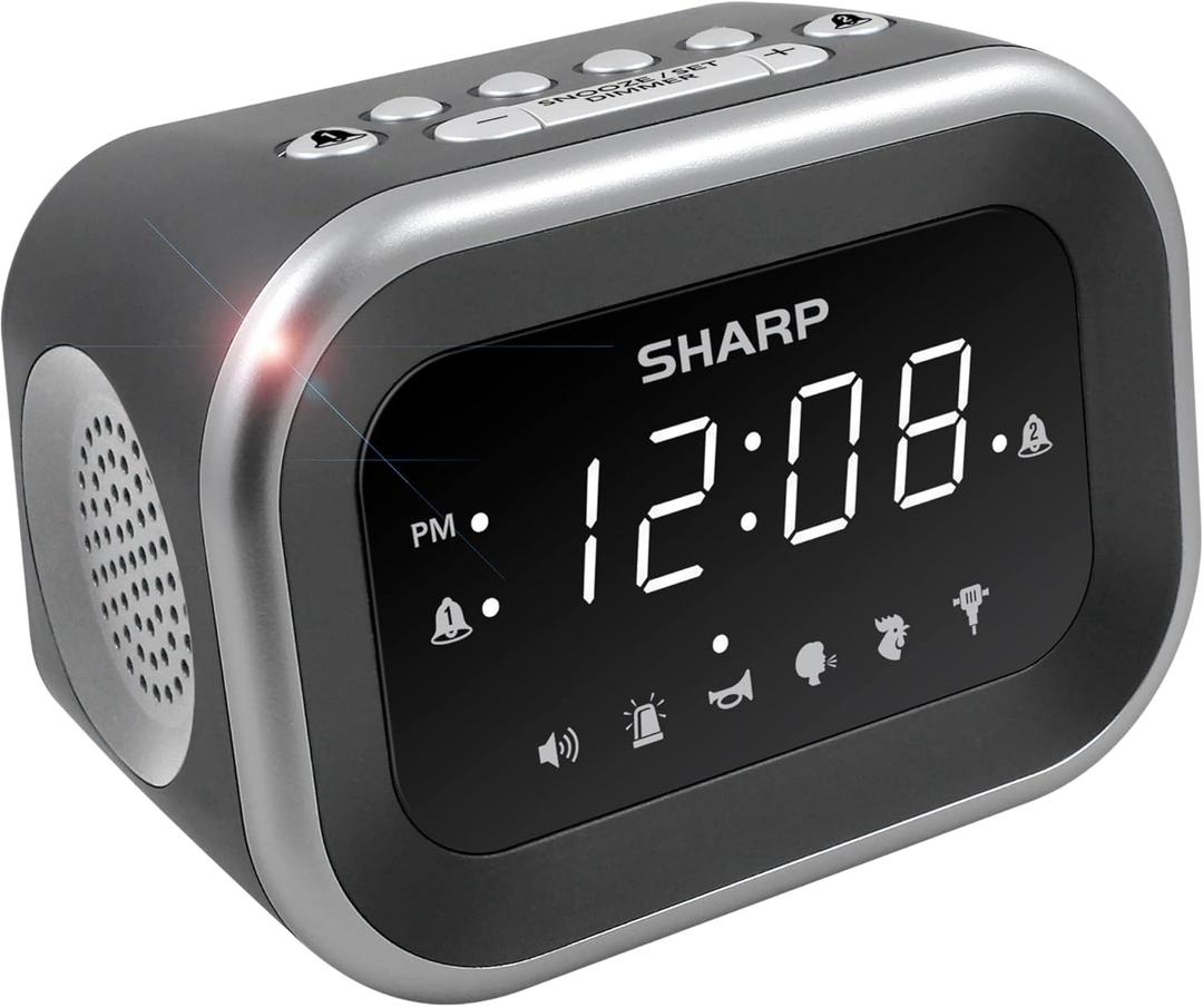 Sharp Big Bang Super Loud Alarm Clock for Heavy Sleepers, 6 Extremely Loud Wake Up Sounds: Rooster, Bugle, Nagging Mom, Jackhammer, Siren, Beep– Up to 115db Volume, Silver/ Black with White LED Display