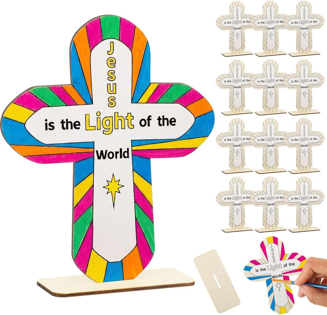 Fuutreo 12 Pcs Jesus is the Light Crafts Vbs Christian Wood Cross Stand Ups Craft Religious Unfinished Wooden Blank Art DIY Coloring Ornaments for Christian Jesus Sunday Church First Communion Art