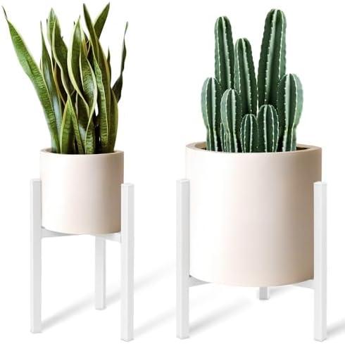 IZIDDO Adjustable Plant Stand Pack of 2 , Metal Planter Stands Indoor Outdoor, Mid Century Modern Plant Holder, Fit 8 10 12 inch Pots, White (Pot & Plant Not Included)