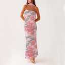Women Floral Tube Maxi Dress with Scarf Summer Strapless Tube Bodycon Mesh Layer Cocktail Party Wedding Guest Dress, S
