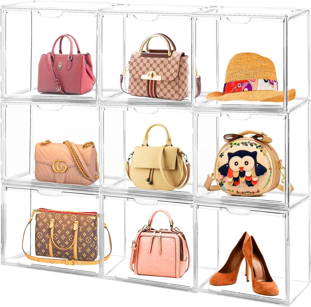 Clear Handbag Storage Organizers for Closet, 9 Packs Plastic Acrylic Handbag Purse Shoes Toy Display Case, Anti Dust Luxury Stackable Bag Container Box with Magnetic Door for Pocketbook Clutch