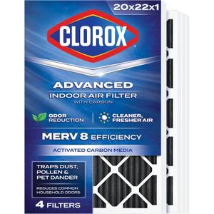 Clorox 20x22x1 Air Filter, MERV 8 with Carbon, Reduces Pet Smells, Cooking Smells and More, Pleated HVAC AC Furnace Filter, 4-Pack (Actual Size 19.75 x 21.75 x 0.75), Made in USA