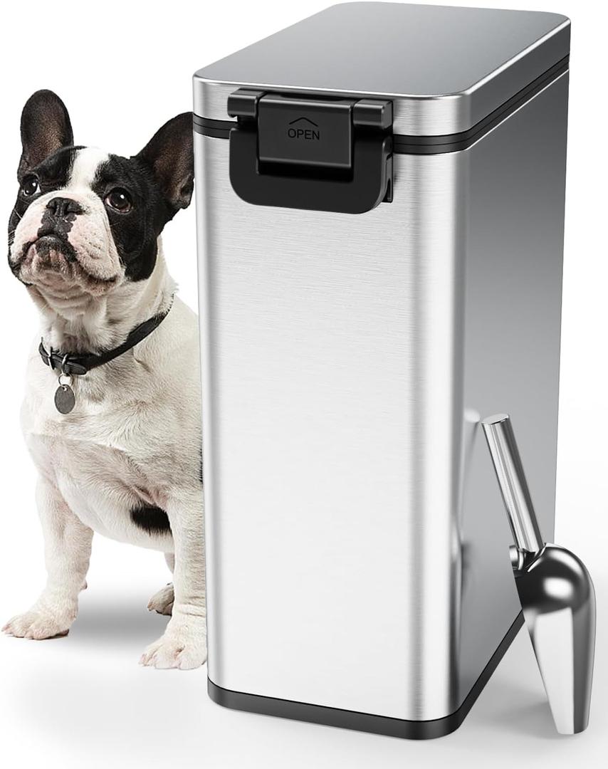 Courpal Stainless Steel Dog Food Storage Container - 20 LB / 15 LB Dry Pet Food Container with Lids Airtight for Cat Dog Bird - 15L / 4 Gal Stackable Metal Large Sealed Animal Food Bin with Scoop, Small