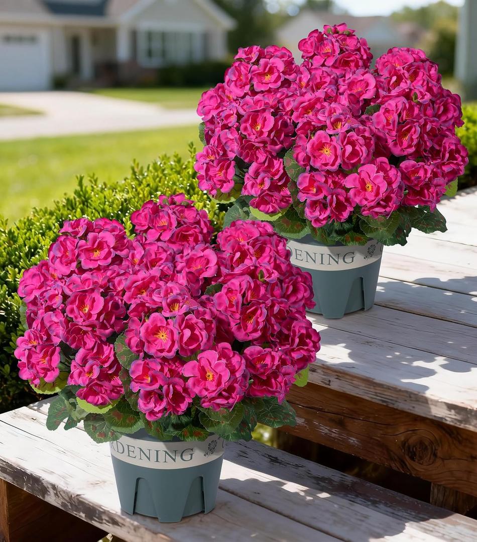 Geraniums Artificial Flowers for Outdoors, 2 Pack Potted Plants Fake Geranium Bush Realistic Fake Flowers UV Resistant Faux Flowers for Outdoor Planters Outside Gardens Front Door Yard Indoor, Fuchsia