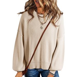 Dokotoo Women's Sweaters Colorblock Crewneck Cotton Long Sleeve Fall Winter Knit Pullover Jumper Tops (Beige, XXL)