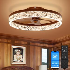 VOLISUN Farmhouse Ceiling Fans with Lights and Remote, 19.7in Low Profile Ceiling Fan Flush Mount, 3000K-6500K Dimmable Bladeless Fandelier Ceiling Fans with Lights for Bedroom(Walnut)