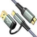 AINOPE 10Gbps Micro B to USB C External Hard Drive Cable 1.5FT, Nylon Braided External Hard Drive Cord Compatible with MacBook Pro/Air, Tablet/iPad, WD Seagate Toshiba Westgate, Samsung Galaxy S25