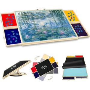 Premium Professional Puzzle Board Tilting & Rotating with Storage Drawers, Rotating Lazy Susan, Rubber Cover Mat, Wooden Portable Storage Jigsaw Puzzle Table with Handle (Multi Colour, 1500 pcs)