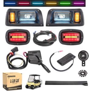 10L0L Deluxe Golf Cart Light Kit for Club Car DS 12V-60V, Full Headlight Taillight Kit with RGB Daytime Running Lamp Low High Beam Turn Signal Horn Brake Pad Hazard Blinker