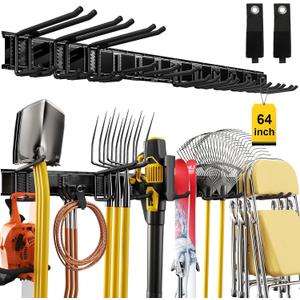 64" Garage Wall Organizer 12 Longer & Thicker Hooks + 2 Straps, 900 Lbs Heavy Duty Steel Garden Tool Storage Rack & Garage Organization for Yard, Shed, Garage