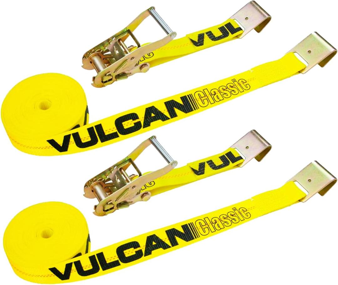 VULCAN Ratchet Strap with Flat Hooks - 2 Inch x 27 Foot - 2 Pack - Yellow - 3,300 Pound Safe Working Load