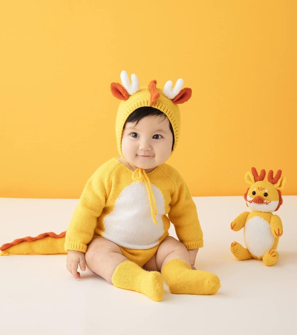 Newborn Photography Props Dragon Style Photo Posing Outfits,(Fits for 13-17 Lbs Baby) Crochet Knitted Romper and Hat,Newborn Photography Accessories for Posing (Costume+Hat,Yellow)