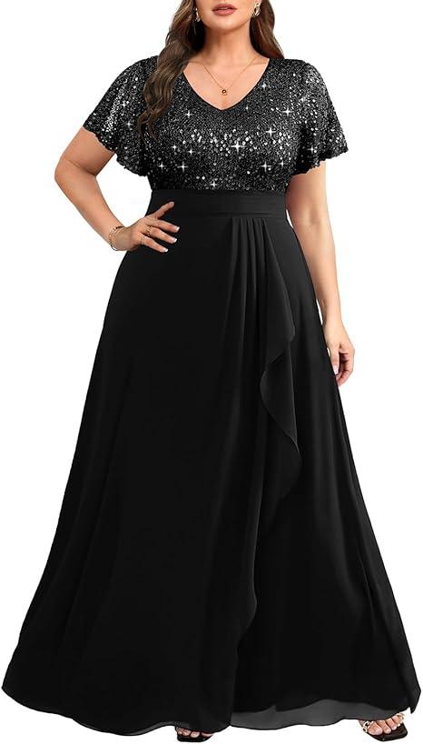 Pinup Fashion Women Plus Size Formal Dresses - Sequin Evening Gowns Wedding Guest Prom Long Dress,12 W