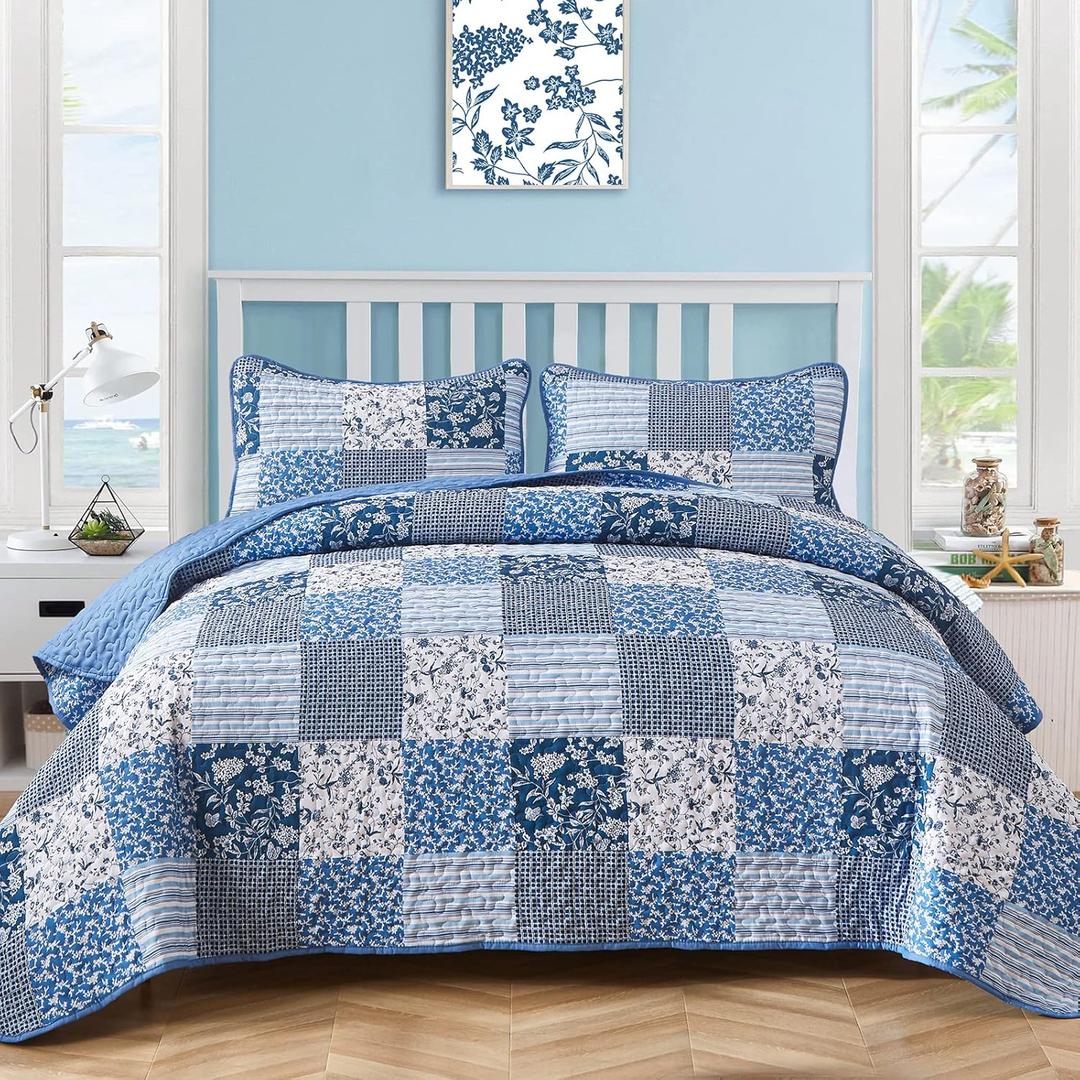 Mybedsoul Blue Boho Quilt Set Queen Size,3 Pieces Plaid Floral Bedspread Coverlet Set for All Season,Patchwork Reversible Bedding Set Queen 90"x96"