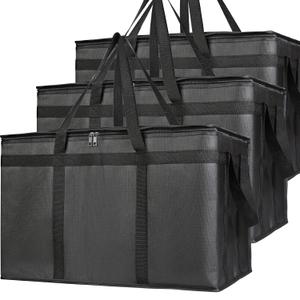 Bodaon 3-Pack Insulated Food Delivery Bag, XXXL Pizza Cooler Bags, Rideshare Delivery Bag, Thermal Cold/Hot Styrofoam Carrier for Catering/Shopping/Travel/Car, Warmer/Frozen (XXX-Large (without Hard Bottom), Black)