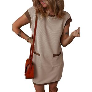 Dokotoo Women's 2026 Casual Spring Summer Dresses Fashion Cap Sleeve Color Block Crewneck Shift Tshirt Mini Dress (M)
