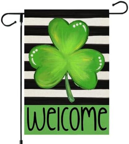 CROWNED BEAUTY St Patrick's Day Shamrock Garden Flag 12x18 Inch Double Sided for Outside Small Burlap Welcome Green Clover Stripes Holiday Yard Flag, Pack of 5