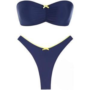 seamoly Sexy Blue Gingham Bow Decor Ruched Backless Lace Up Bandeau Bikini Set Strapless Swimsuits for Women (Blue, L)