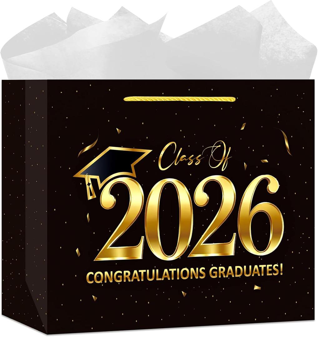 HZRNNA Black and Gold 2026 Graduation Gift Bag, Large Congrats Grad Gift Bag with Card and Tissue Paper, Graduation Gift Wrap Bag for Class of 2026, Congrats Grad Party Decorations, 3 count