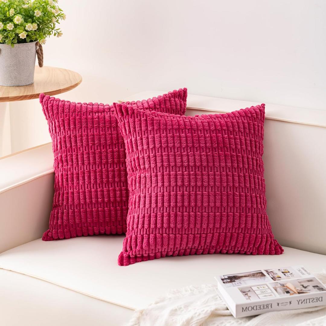 Aegero Pack of 2 Corduroy Decorative Throw Pillow Covers 20x20 Inch Soft Striped Pillow Covers Modern Farmhouse Home Decor for Sofa Living Room Couch BedRose Red
