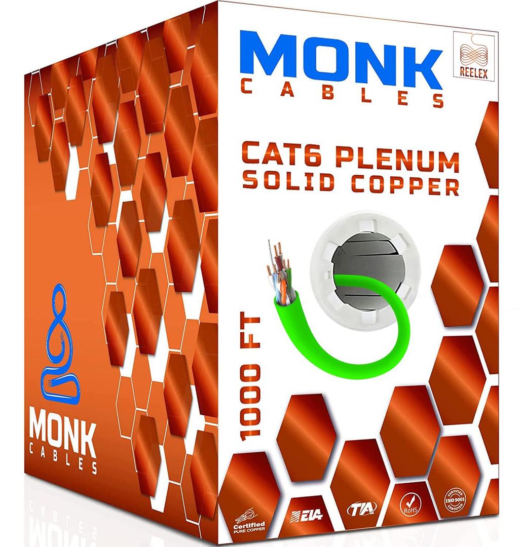 MONK CABLES | CAT6 Plenum Cable 1000ft | 100% Pure Copper | UTP, 23AWG, 550MHz | DSX-8000 Certified | Most Certified Cable of The Whole Market (Green)