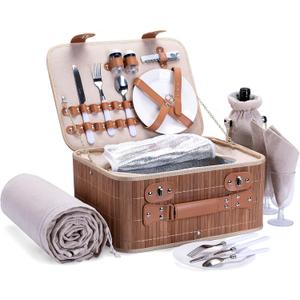Picnic Basket Set for 2 with Waterproof Blanket Insulated Pouch Hamper with Cutlery for Two Persons, Family,Couple,Camping,Outdoor,Wedding Gift, Birthday