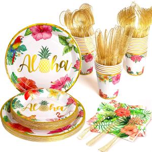 Hawaiian Tropical Luau Party Decorations Supplies, 175 PCS Aloha Birthday Disposable Dinnerware Set (25 Guest) With Paper Plates Cup Napkin Plastic Fork Knives Spoon for Summer Holiday
