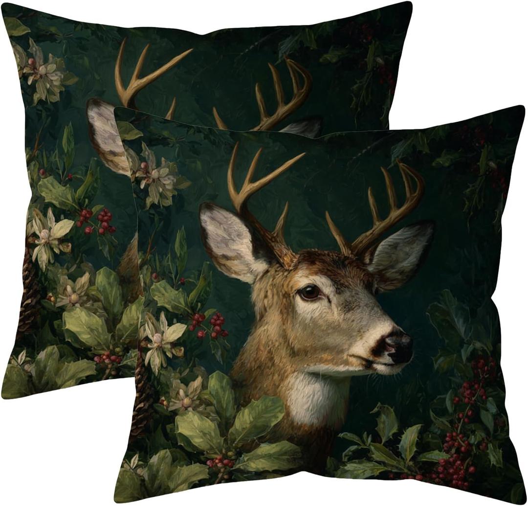 Vintage Christmas Set of 2 Deer Throw Pillow Covers 20x20Inch Dark Forest Retro Elk Art Animals Double Sided Print Winter Xmas Mistletoe Decor Cushion Cases for Sofa Couch (Wl-dp-wc-dark)