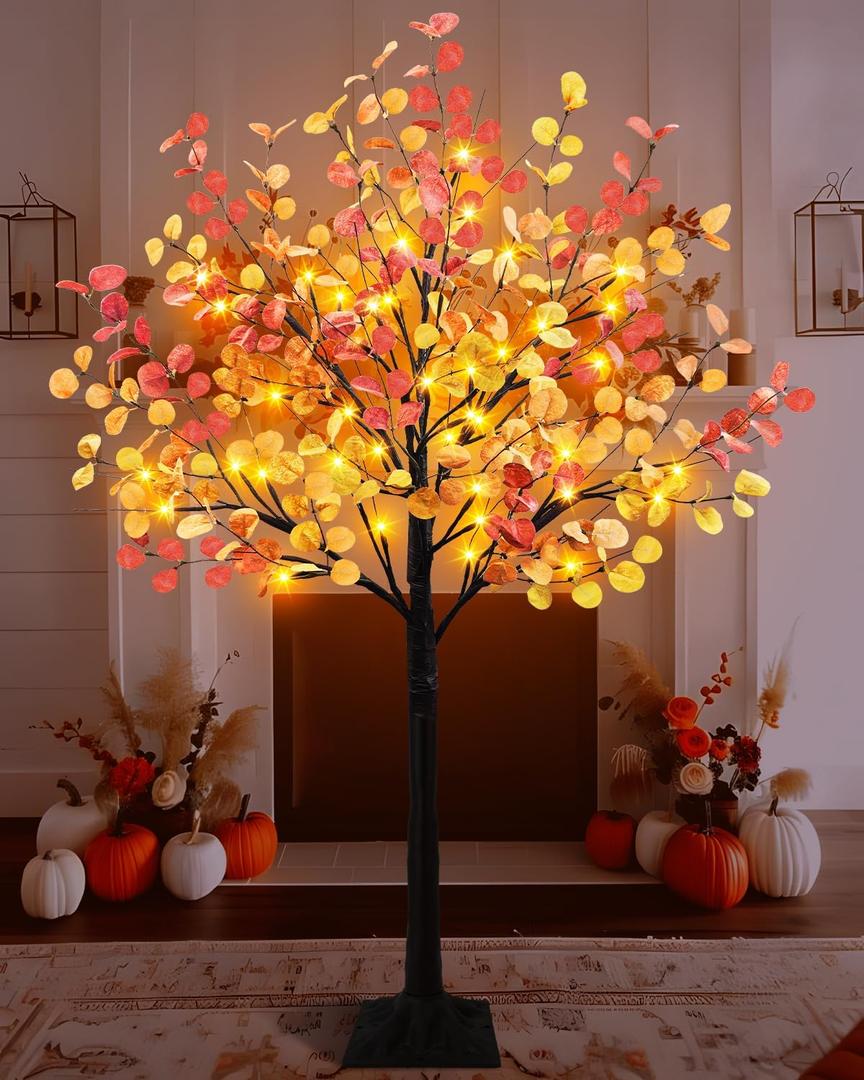 Lighted Eucalyptus Tree, 4FT Fall Tree With 48 Lights, Artificial Autumn Light Up Decorations for Home Indoor Outdoor Decor