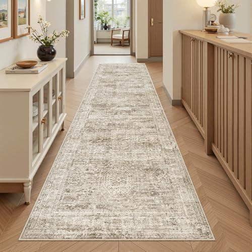 Soalmost Washable Runner Rug, 2'6" x 8' Non-Slip Kitchen Vintage Foldable Hallway Runners for Entryway, Laundry, Bedroom, Brown