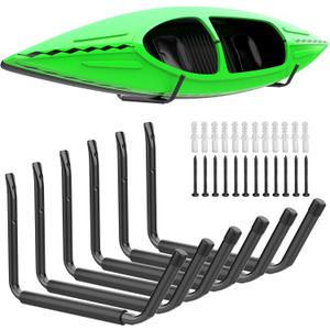 WALMANN Kayak Storage Rack, Wall Mount Kayak Hooks for Garage Utility Storage Hangers for Canoe, Surfboard, Skiis, Snowboard, Paddle Board, Ladders (Large, Black-Pack of 6)
