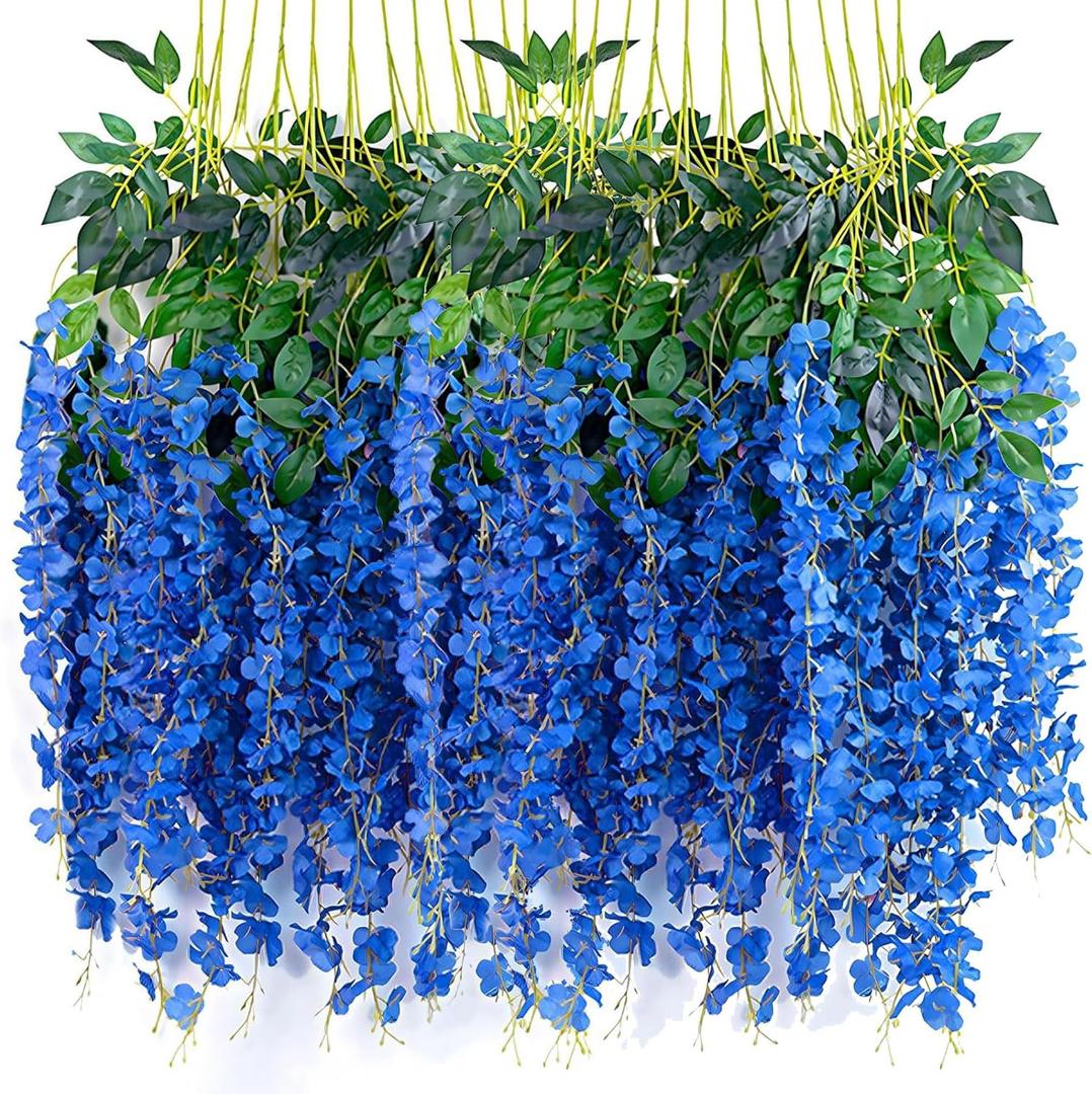 Wisteria Hanging Flowers, 24 Pack Artificial Wisteria Vines Fake Garland Silk Flower String for Wedding Party Garden Outdoor Greenery Home Wall Decoration (24pcs Royal Blue)