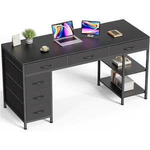 Huuger Computer Desk with 6 Drawers, Office Desk with Shelves, Reversible Gaming Desk, Corner Desk with Storage, Work for Home Office, Study, Living Room, 54inch, Black