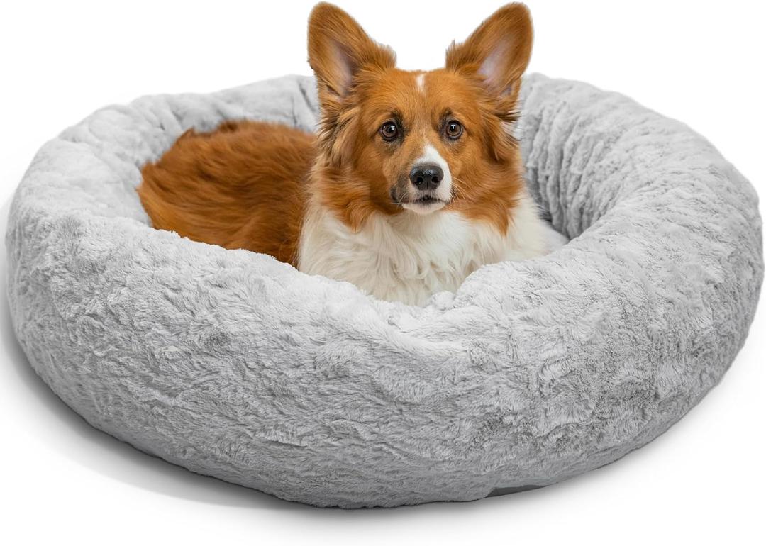 Best Friends by Sheri The Original Calming Donut Dog Bed for Medium Dogs up to 45 lbs, Lux Faux Fur, Gray, Medium, 30" x 30"