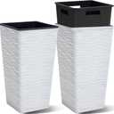 Worth Garden 2-Pack 22" H. White Square Tapered Planter with Inside Pots - Plastic Plant Pots for Indoor Outdoor - Modern Wavy Finish Decorative Flower Pots for Front Porch Containers Patio Deck