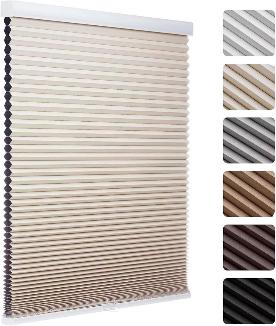 MYshade Cordless Blackout Cellular Shades, 1.5" Honeycomb Window Blinds for Bedroom & Nursery, Thermal Insulated, Noise Reducing, Privacy Shades, Inside or Outside Mount (35" W x 64" H, Beige)