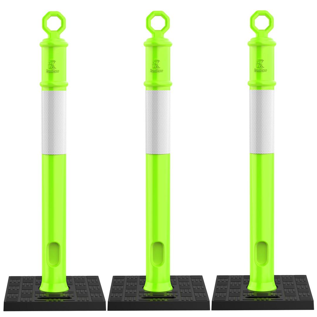 RoadHero 45 Inch Delineator Post with Base, Portable Lime Green Traffic Delineator Posts Cones with Reflective Collars for Parking Lots, Road Safety, Construction Events 3 Pack