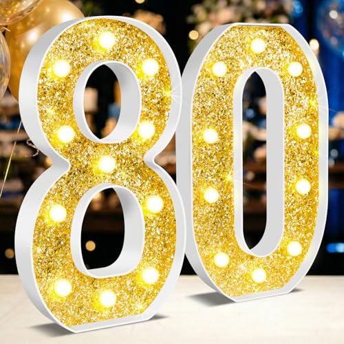 NANXU 12.6 Inch LED Gold Marquee Light Up Numbers, 80th Birthday Decorations Number Lights as Gifts for Women Men, Glitter Lighted Marquee Numbers for Golden Anniversary Party Table Decor, 80