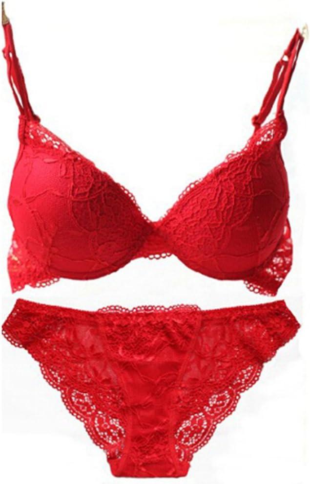 Nanier Women's Solid Lace Push up Bra Set (38C, Red)