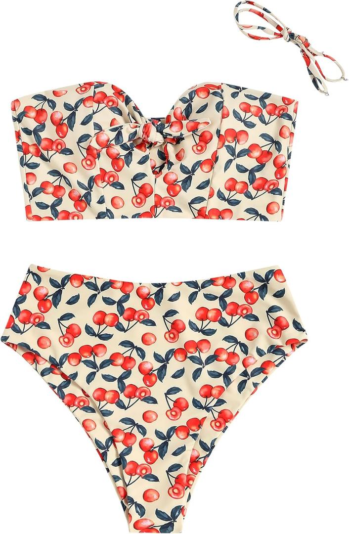 ZAFUL Women Ribbed Keyhole Tied High Waisted Bikini Spaghetti Straps Two Pieces Swimsuit Bathing Suit (Small, 0-cherry)