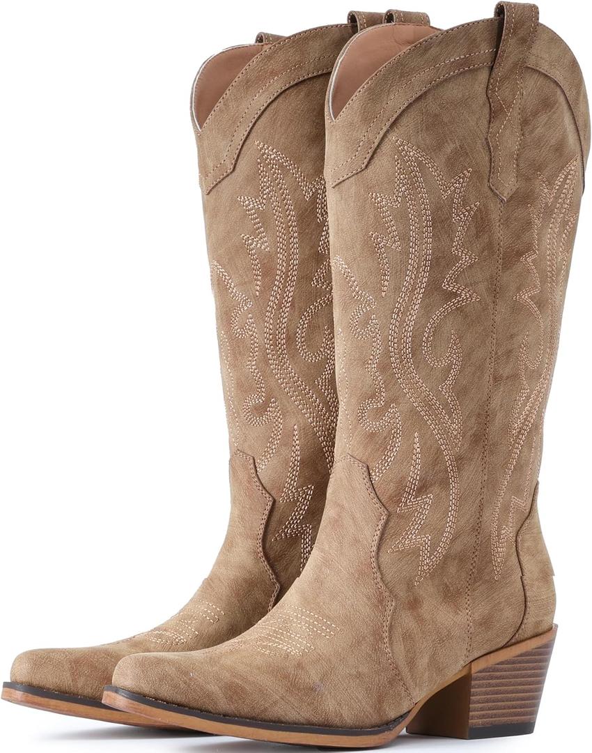 IUV Cowboy Boots For Women Western Cowgirl Boots with Chunky Heel Mid Calf Snip Toe Ideal for low insteps (8, Camel)