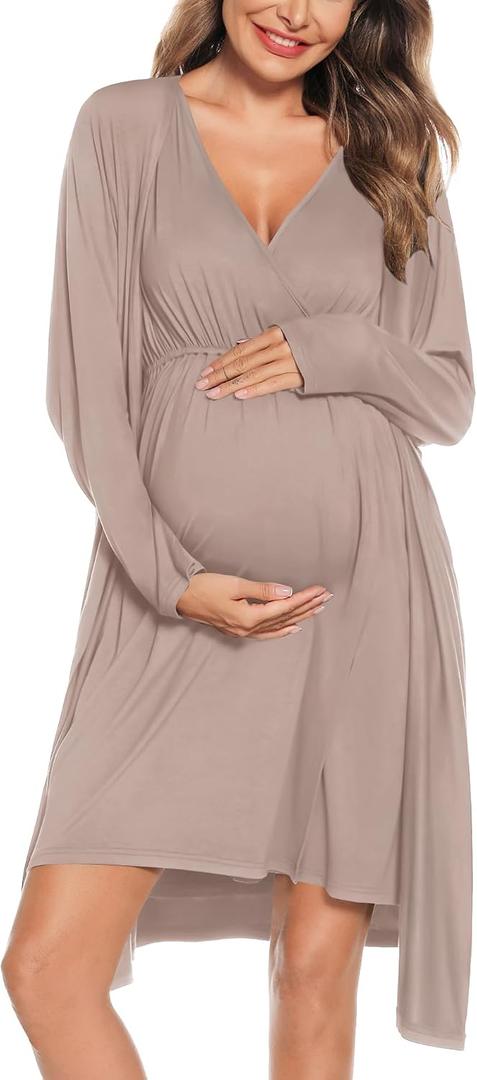 SWOMOG Women Maternity Nursing Gown and Robe Set 3 in 1 Labor Delivery Nursing Nightgown for Breastfeeding Hospital Bathrobe, Light Brown Large