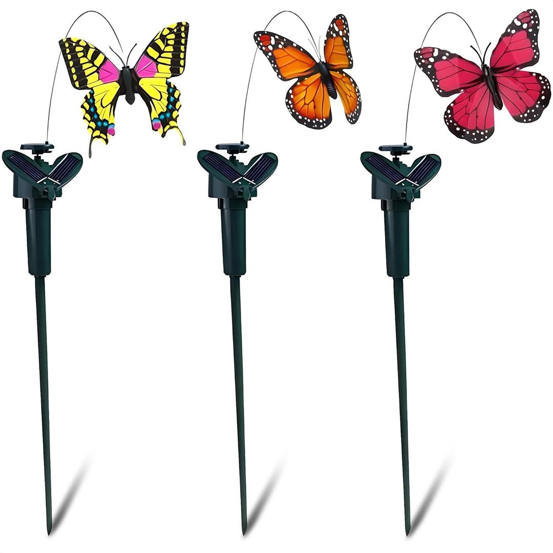 3 Pcs Fluttering Solar Butterfly Garden Stakes  Moving Butterfly Decorations with Solar Butterflies, Easy Installation Waterproof Outside Decor Stakes, Three Bright Colors | Battery NOT Included