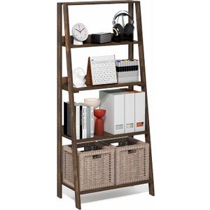 Furinno Ladder 5-Tier Book Shelf, Leaning Standing Shelf, Amber Pine