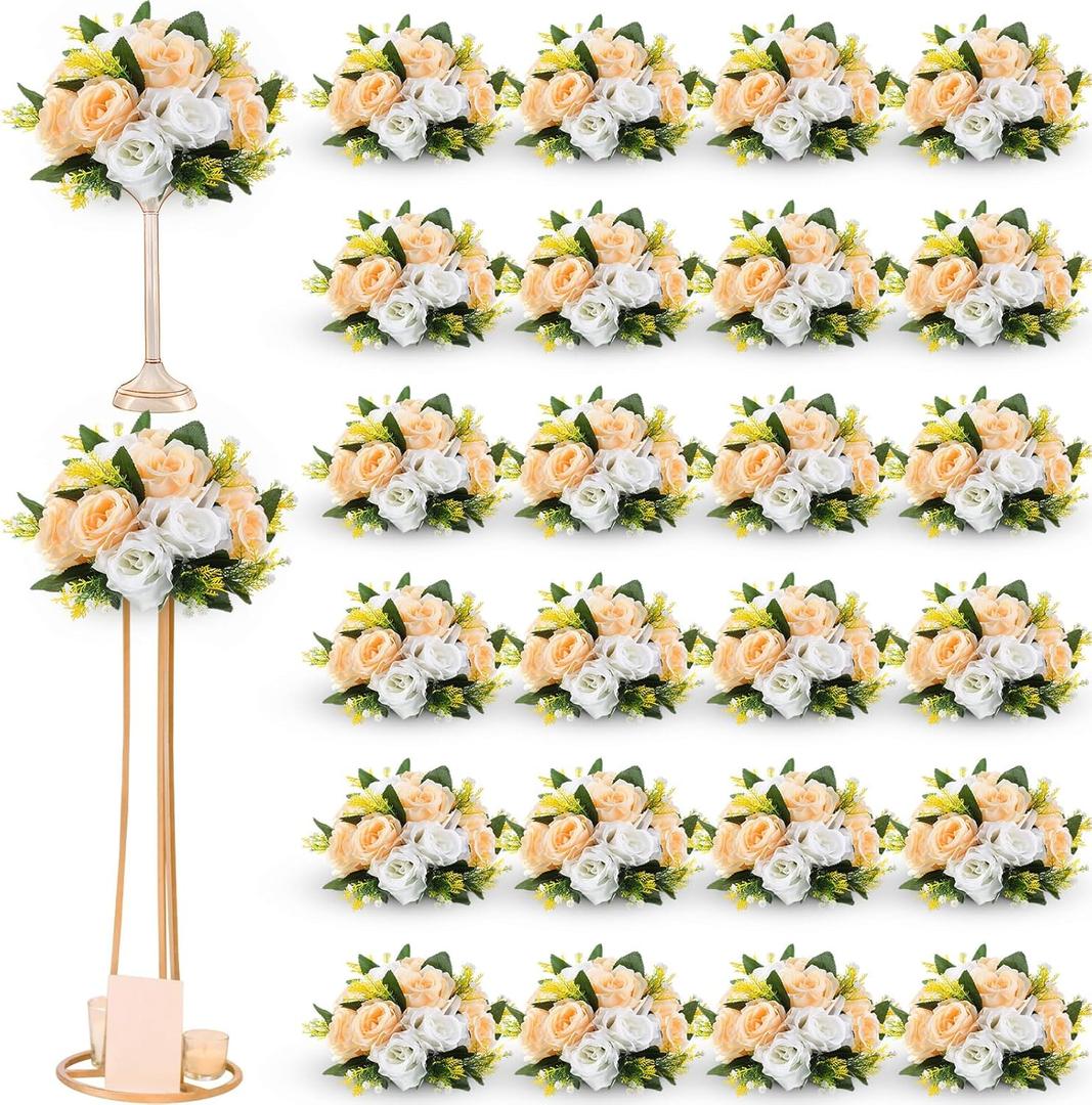 Hotop 24 Pcs Flower Balls Wedding Rose Centerpieces Silk Flower Kissing Balls Arrangement Artificial Hydrangea Flower Bouquet Faux Rose Floral Decoration (Champagne,White)