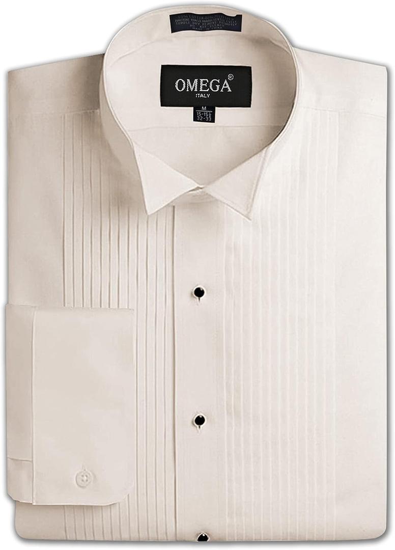 OmegaTux Men's Formal Wing Collar Tuxedo Shirt, 1/4" Pleat Ivory (Size XL, OMTX500-17.5-33)