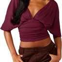 SOLY HUX Women's Deep V Neck Crop Top Short Sleeve Fitted Casual Blouse Going Out Shirts (Red, M)