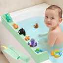 Bathtub Splash Guard for tub Kids& Bath Shelf for Kids – Toddler Bath Tray, Bath Toys Storage & Ledge Organizer – Splash Guard for Bathtub with Suction Cups – Kids Bathroom Accessories(2.6FT, Green)