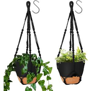 GARDIFE 10 Inch Hanging Planters with Macrame Plant Hanger for Indoor and Outdoor Plants, 2 Pack Large Self Watering Hanging Plant Pot with Basket Flower Pot with Drainage Hole, Black
